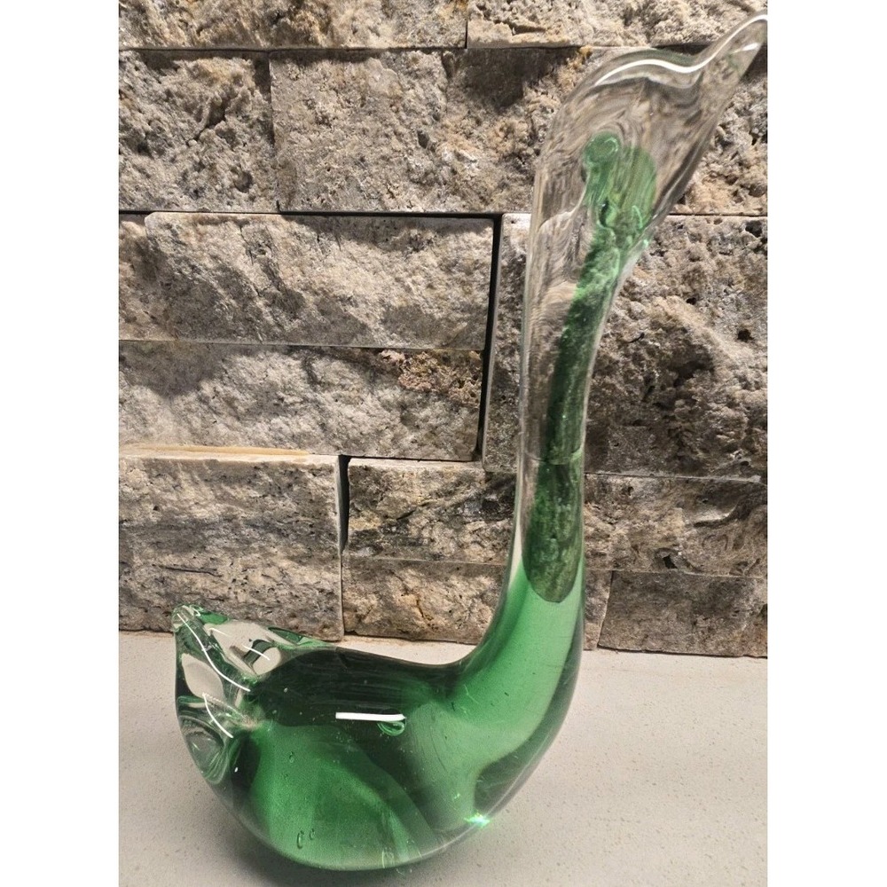 VTG Mid Century Decor Green Art Glass Swan Figurine Paperweight 7" No Chips